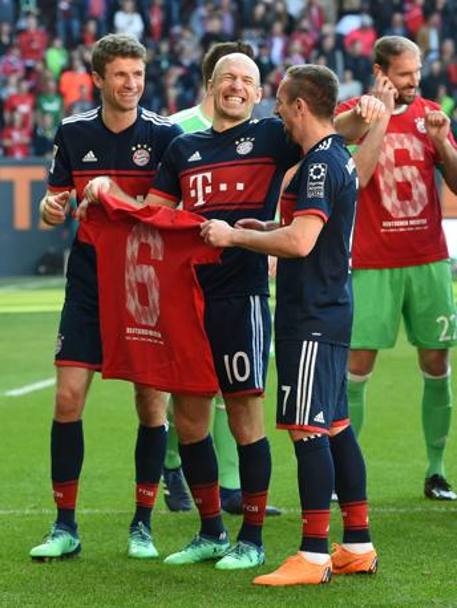 Tre dei senatori dello spogliatoi del Bayern Monaco: Thomas Mueller, Arjen Robben e Franck Ribery. Afo